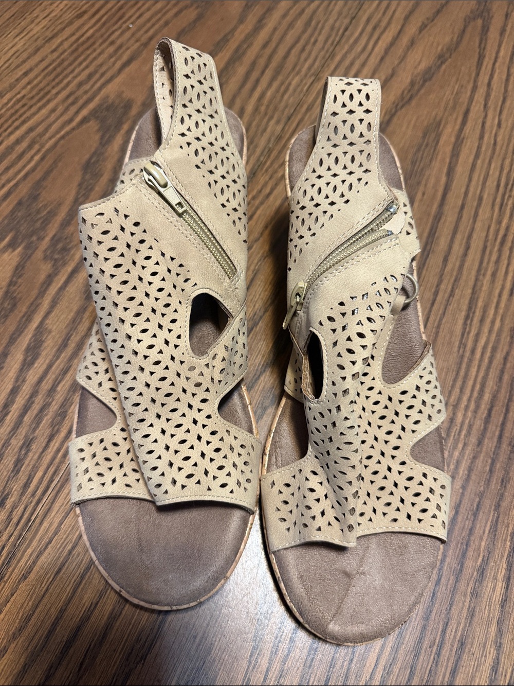 Maurices Tan Laser-Cut Zip Slingback Sandals